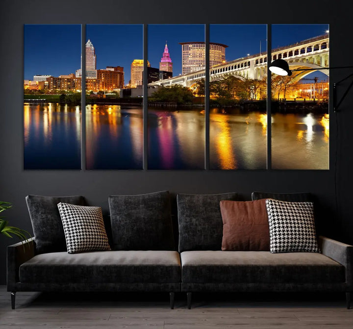 Cleveland Downtown Night Skyline Wall Art Canvas Print Framed Wall Decor