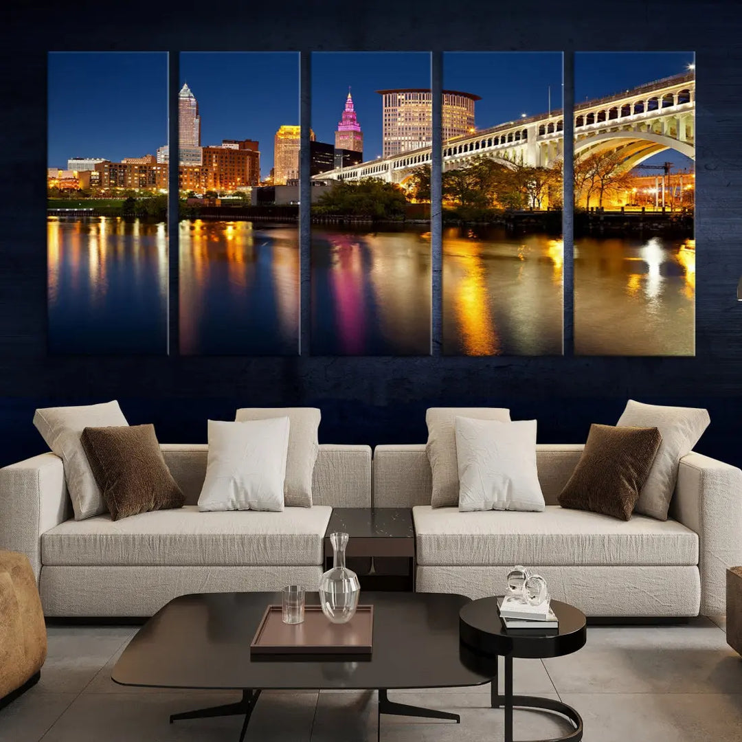 Cleveland Downtown Night Skyline Wall Art Canvas Print Framed Wall Decor