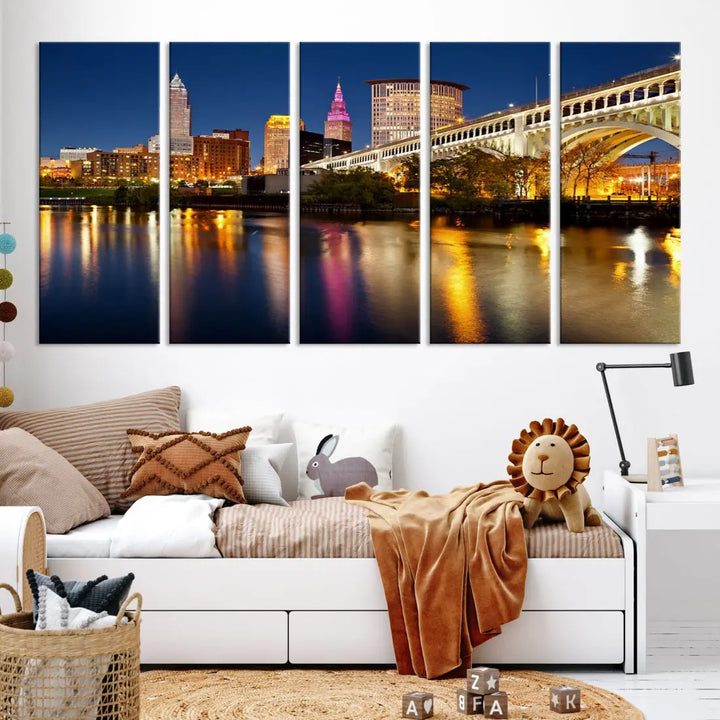 Cleveland Downtown Night Skyline Wall Art Canvas Print Framed Wall Decor