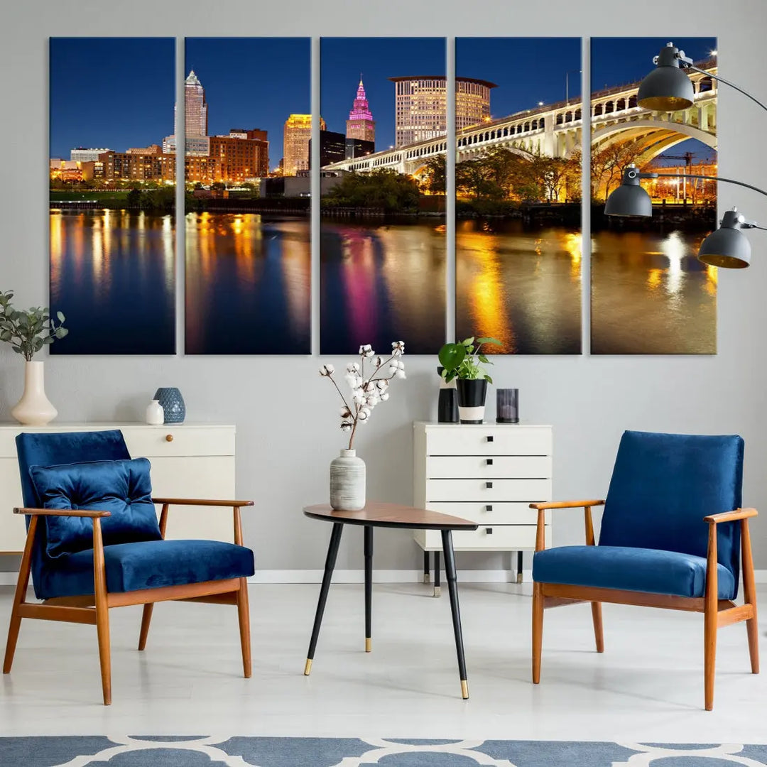 Cleveland Downtown Night Skyline Wall Art Canvas Print Framed Wall Decor