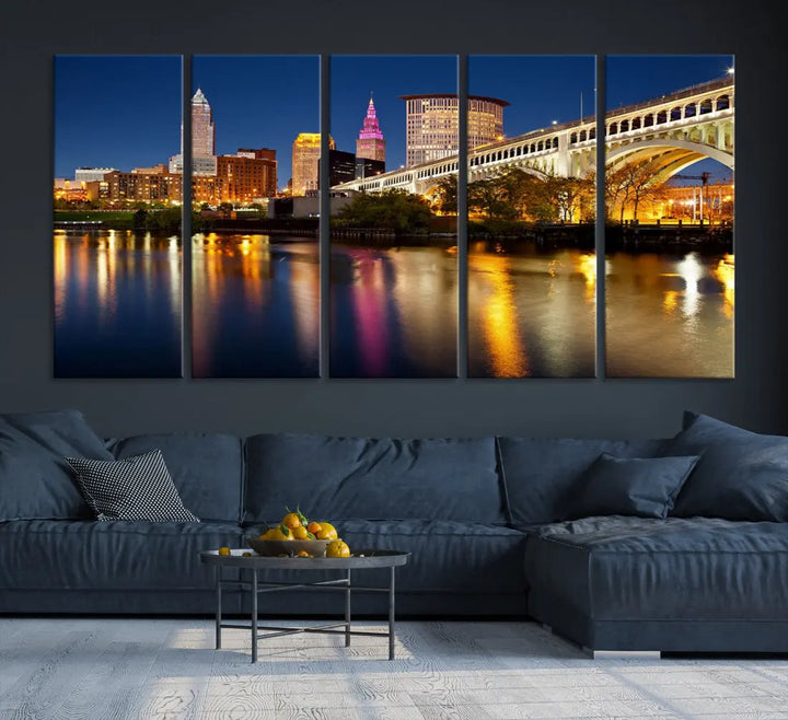 Cleveland Downtown Night Skyline Wall Art Canvas Print Framed Wall Decor