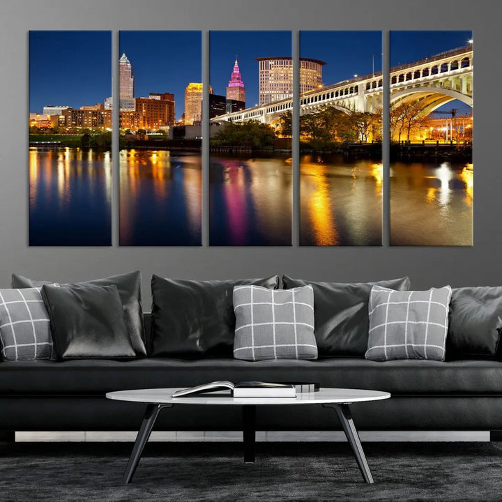 Cleveland Downtown Night Skyline Wall Art Canvas Print Framed Wall Decor