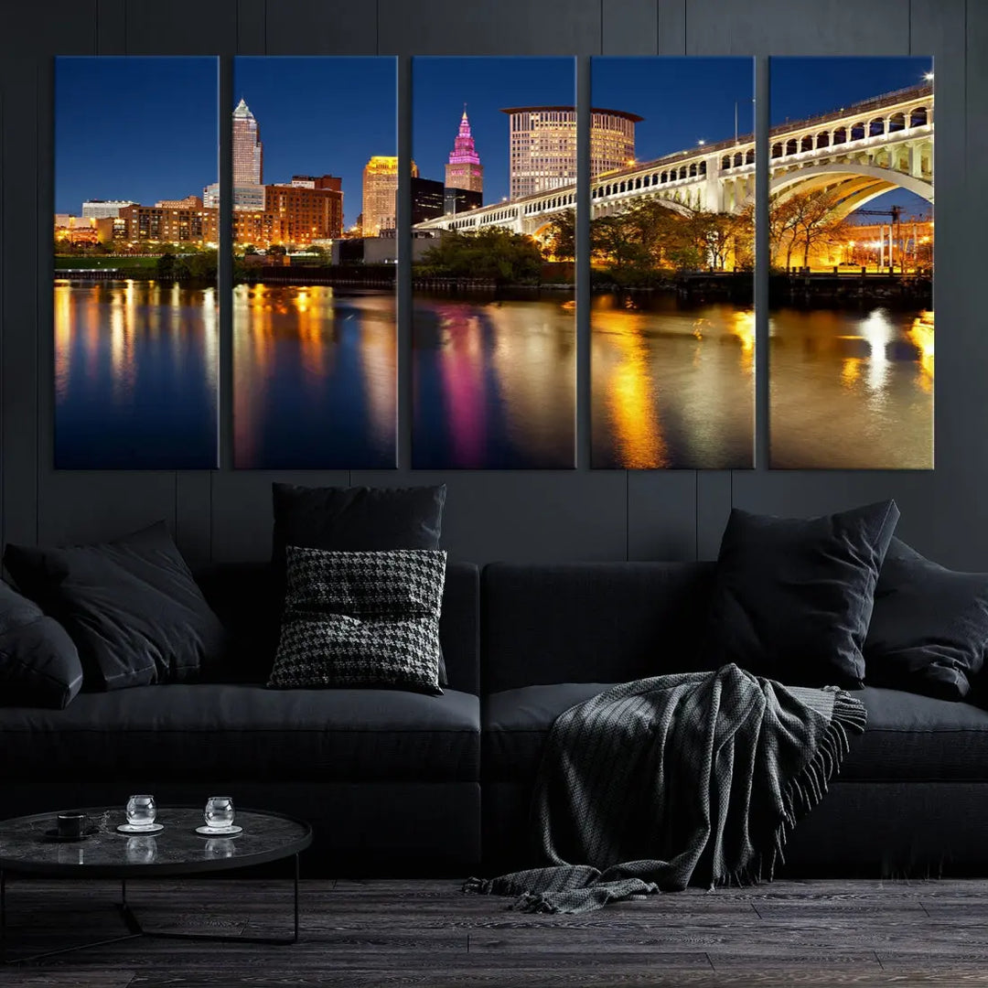 Cleveland Downtown Night Skyline Wall Art Canvas Print Framed Wall Decor