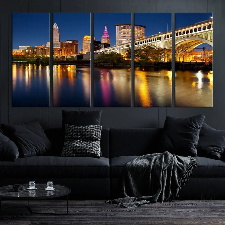 Cleveland Downtown Night Skyline Wall Art Canvas Print Framed Wall Decor