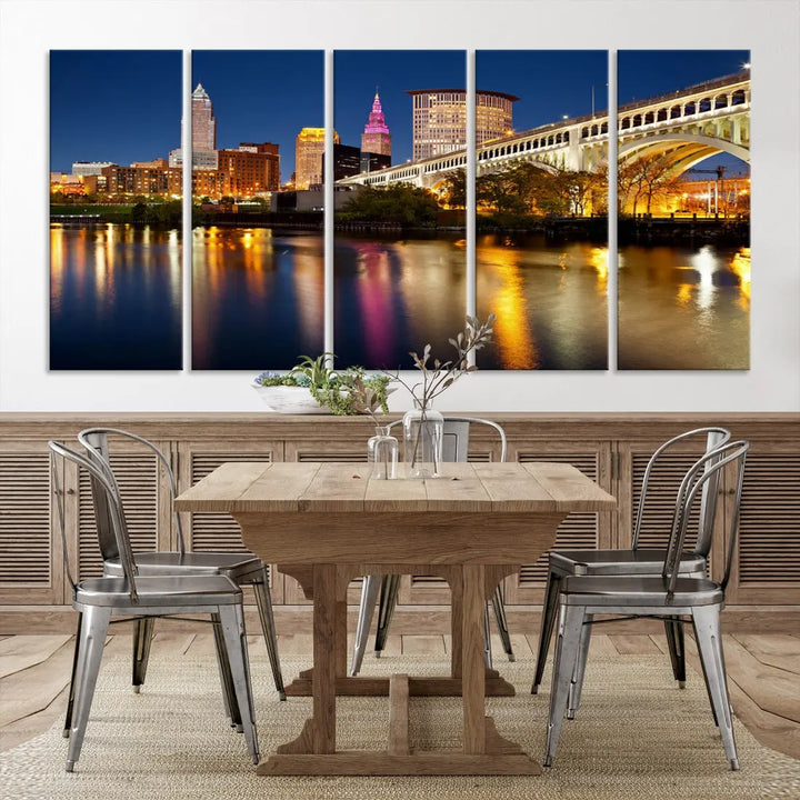 Cleveland Downtown Night Skyline Wall Art Canvas Print Framed Wall Decor