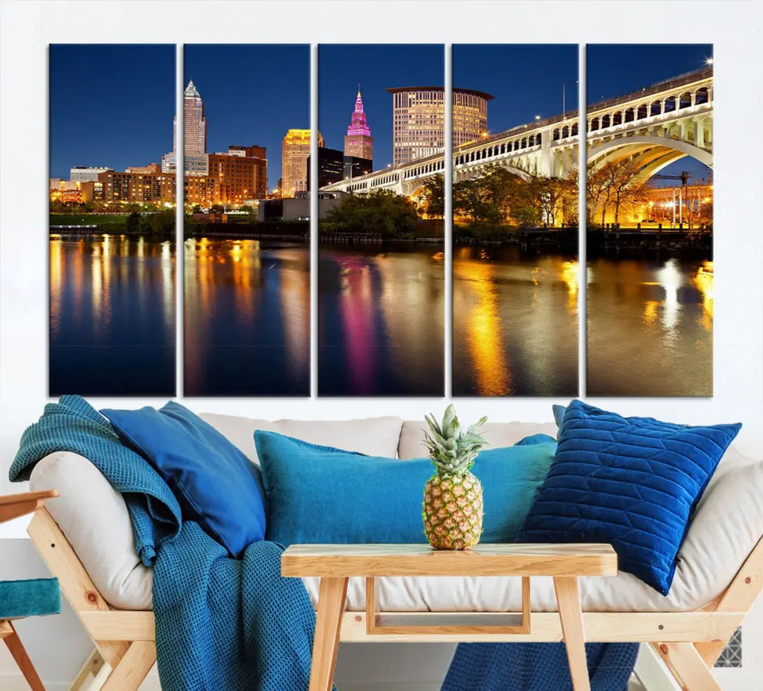 Cleveland Downtown Night Skyline Wall Art Canvas Print Framed Wall Decor