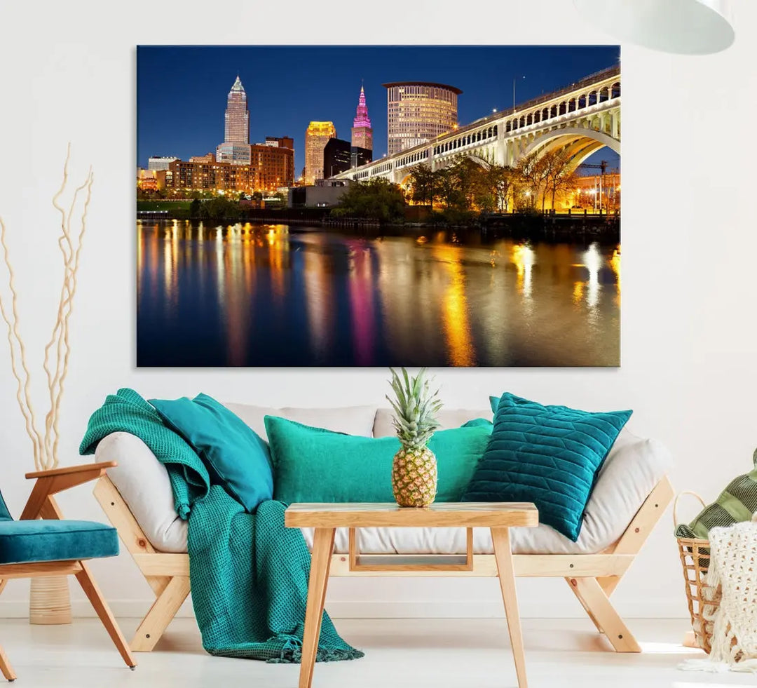 Cleveland Downtown Night Skyline Wall Art Canvas Print Framed Wall Decor