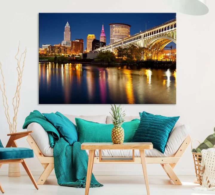 Cleveland Downtown Night Skyline Wall Art Canvas Print Framed Wall Decor