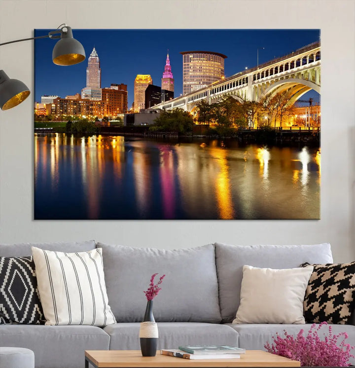 Cleveland Downtown Night Skyline Wall Art Canvas Print Framed Wall Decor