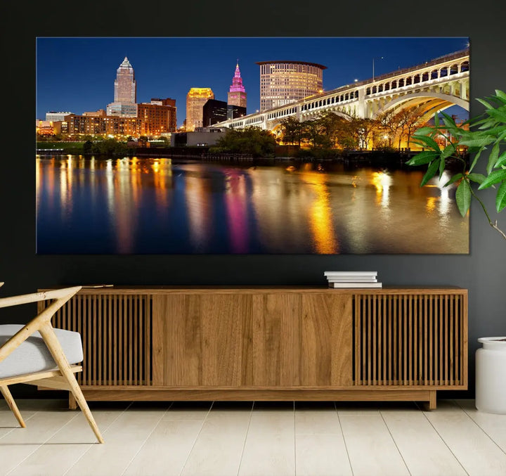 Cleveland Downtown Night Skyline Wall Art Canvas Print Framed Wall Decor