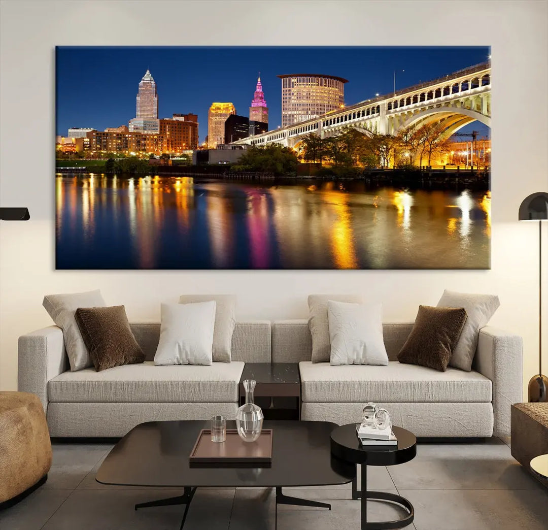 Cleveland Downtown Night Skyline Wall Art Canvas Print Framed Wall Decor