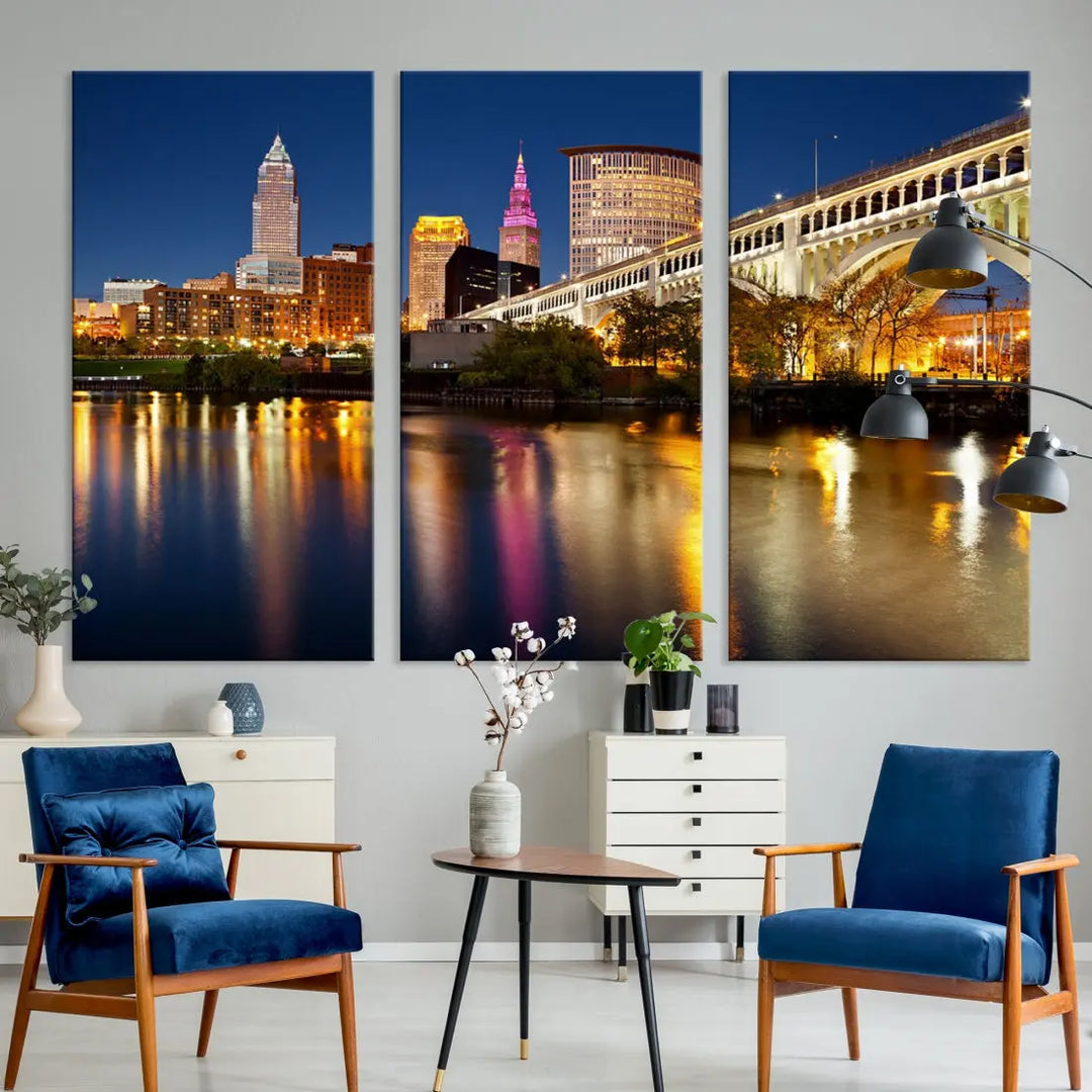 Cleveland Downtown Night Skyline Wall Art Canvas Print Framed Wall Decor