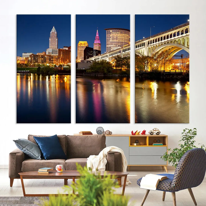 Cleveland Downtown Night Skyline Wall Art Canvas Print Framed Wall Decor