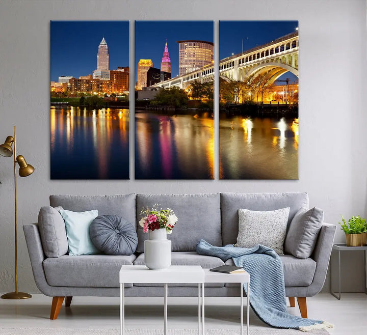 Cleveland Downtown Night Skyline Wall Art Canvas Print Framed Wall Decor