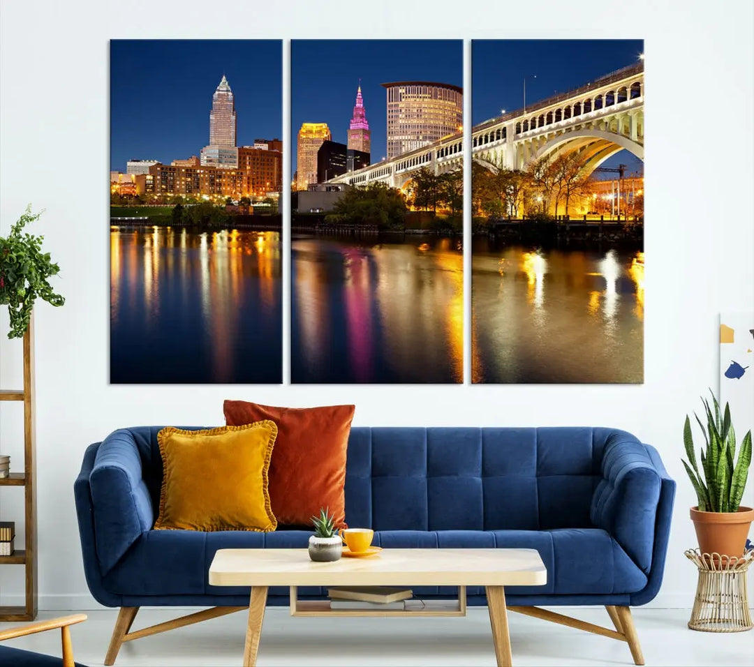 Cleveland Downtown Night Skyline Wall Art Canvas Print Framed Wall Decor