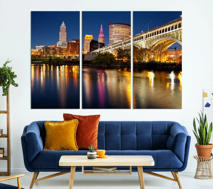 Cleveland Downtown Night Skyline Wall Art Canvas Print Framed Wall Decor