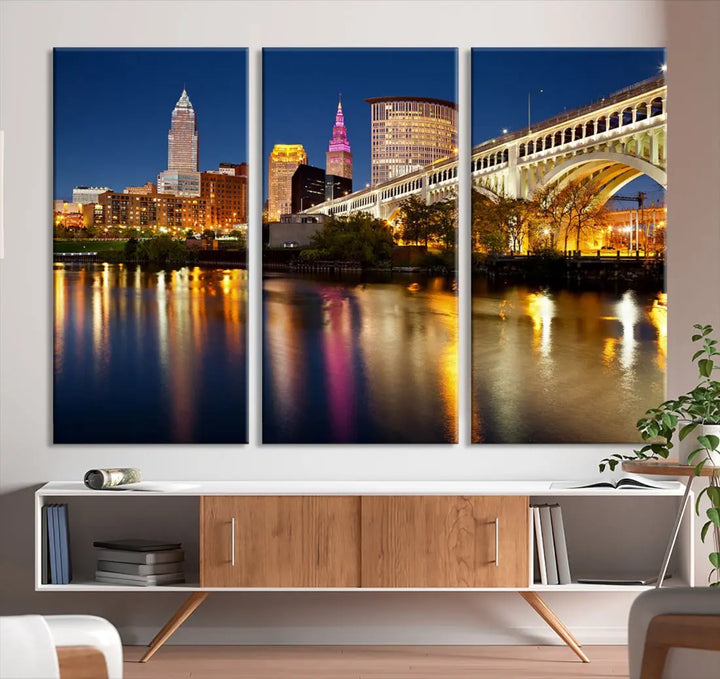 Cleveland Downtown Night Skyline Wall Art Canvas Print Framed Wall Decor