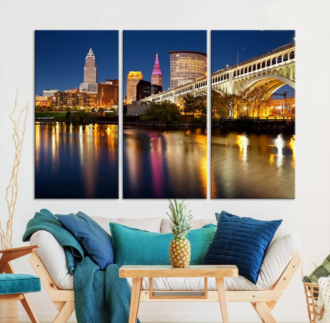 Cleveland Downtown Night Skyline Wall Art Canvas Print Framed Wall Decor