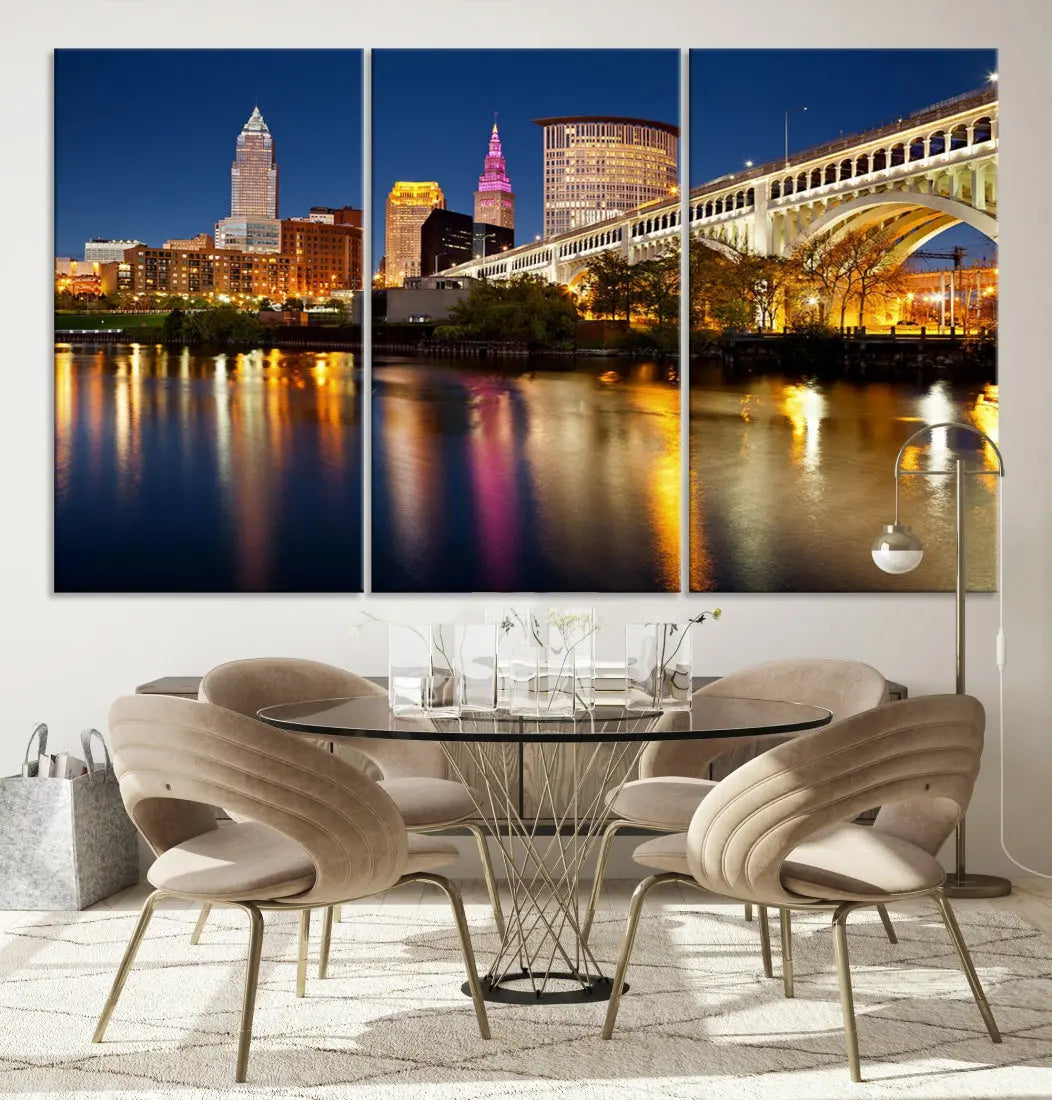 Cleveland Downtown Night Skyline Wall Art Canvas Print Framed Wall Decor