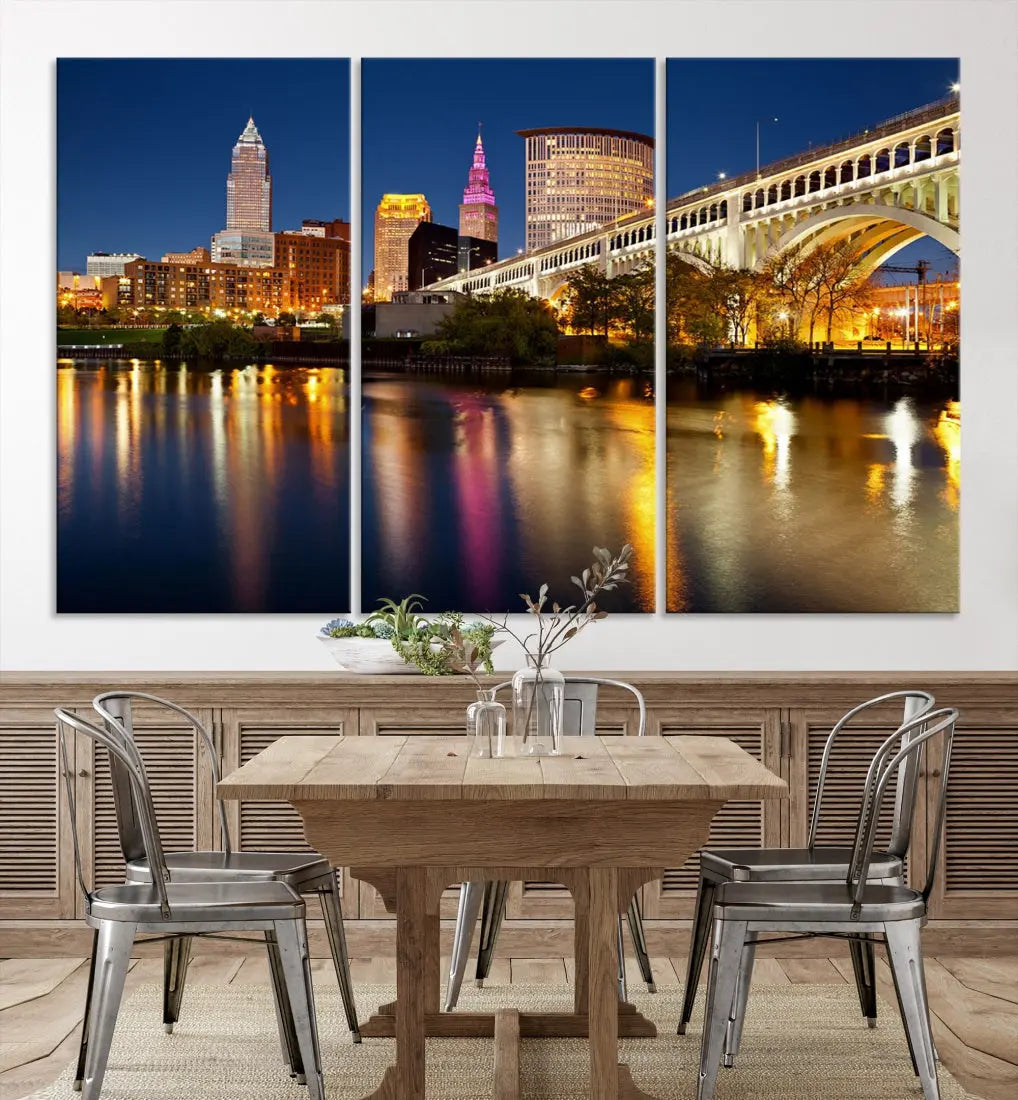 Cleveland Downtown Night Skyline Wall Art Canvas Print Framed Wall Decor