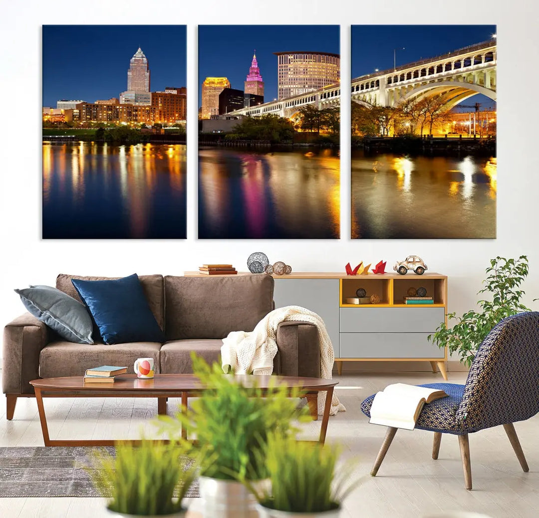 Cleveland Downtown Night Skyline Wall Art Canvas Print Framed Wall Decor