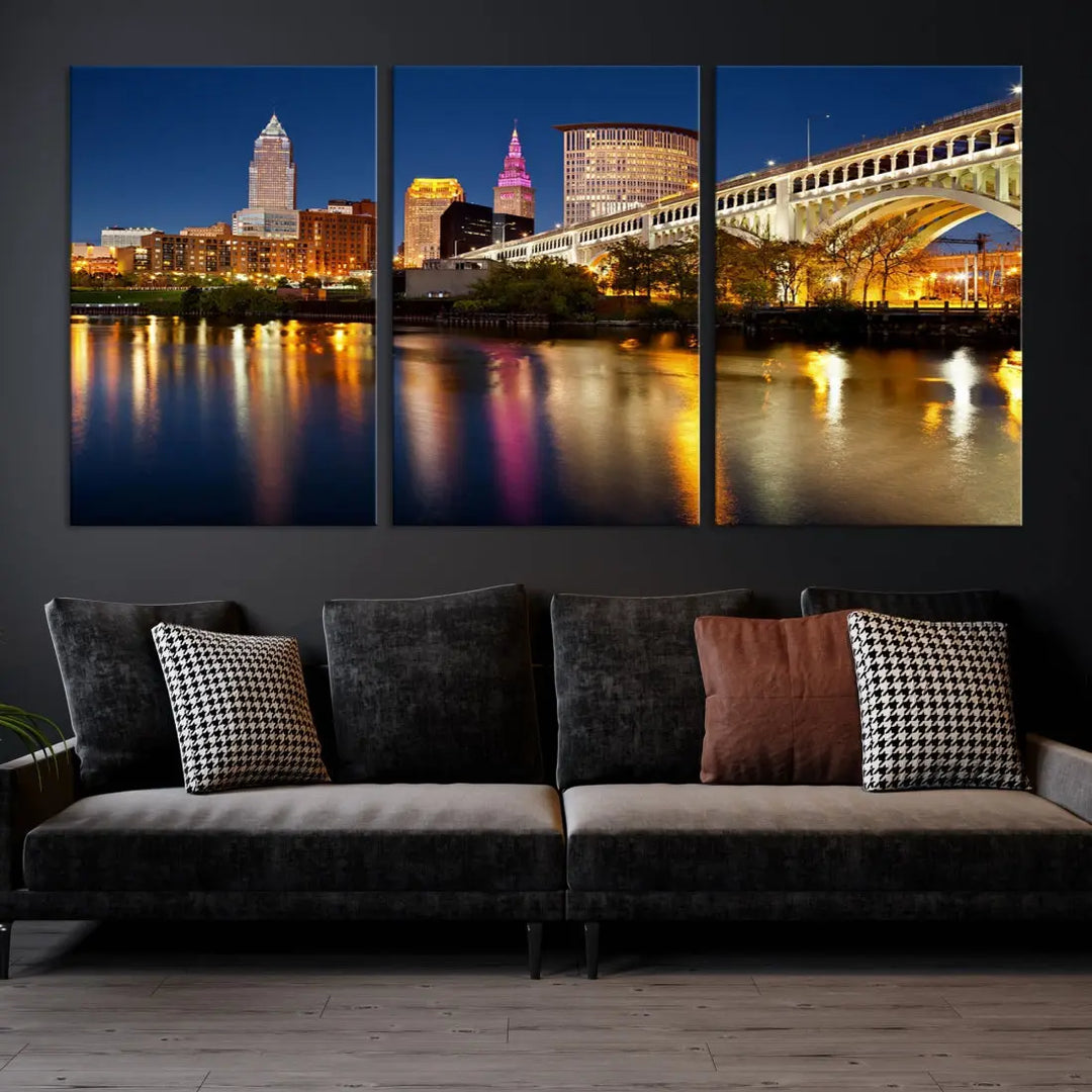 Cleveland Downtown Night Skyline Wall Art Canvas Print Framed Wall Decor