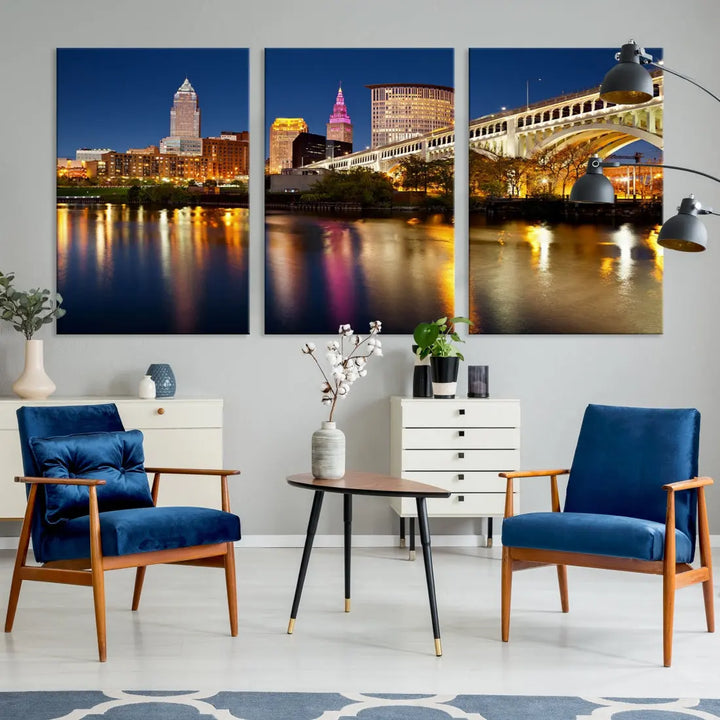 Cleveland Downtown Night Skyline Wall Art Canvas Print Framed Wall Decor