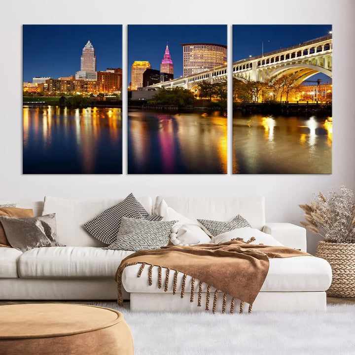 Cleveland Downtown Night Skyline Wall Art Canvas Print Framed Wall Decor