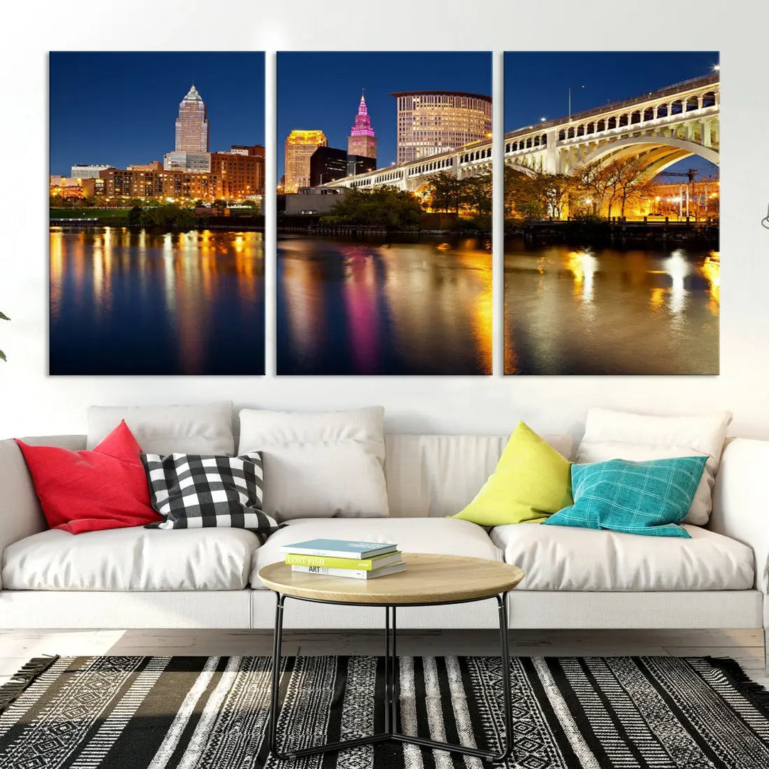 Cleveland Downtown Night Skyline Wall Art Canvas Print Framed Wall Decor