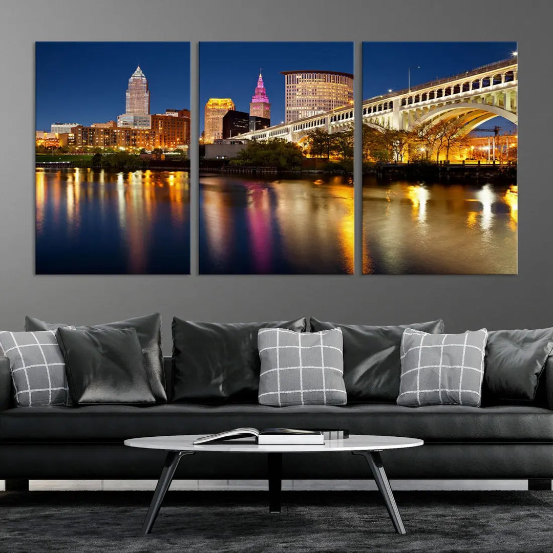 Cleveland Downtown Night Skyline Wall Art Canvas Print Framed Wall Decor