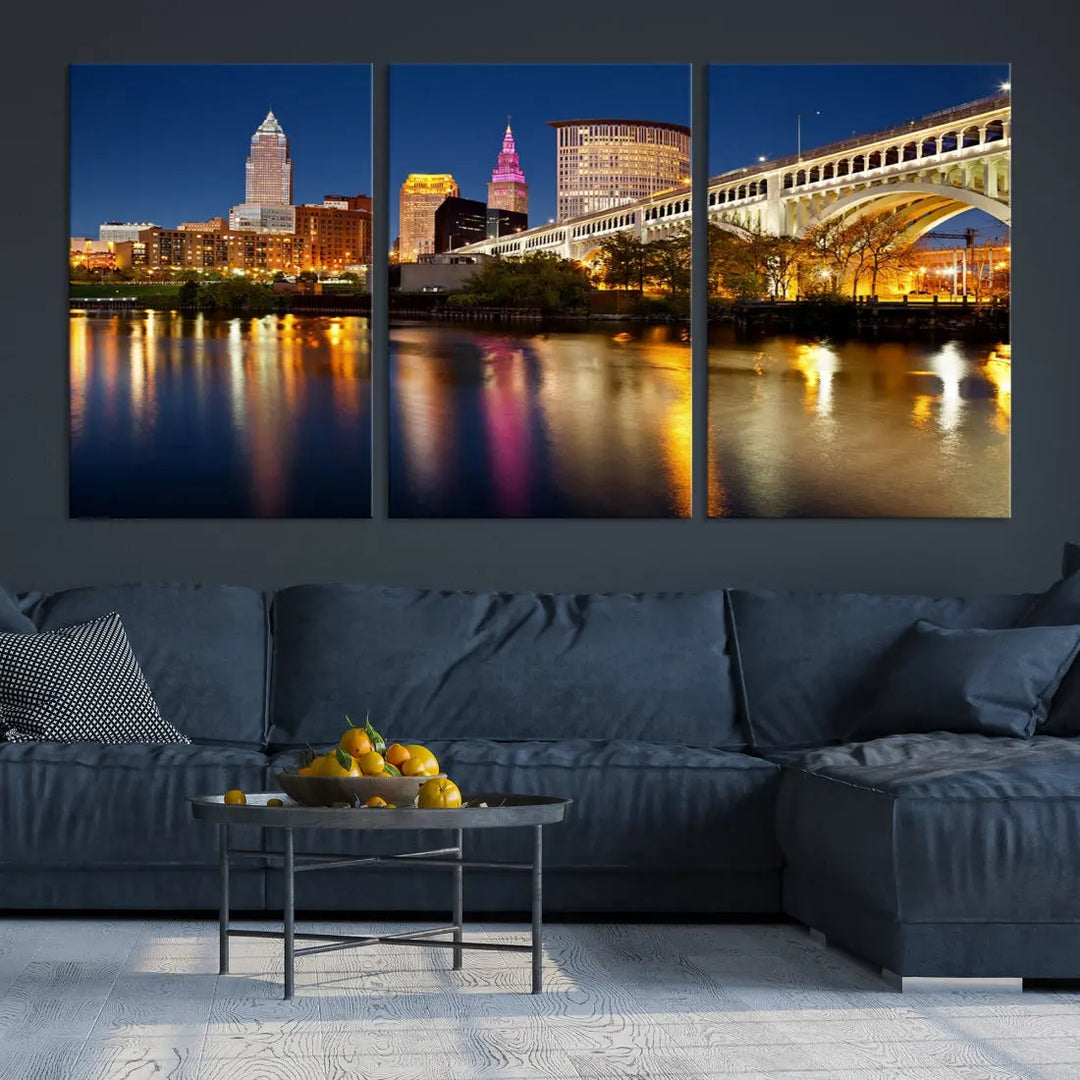 Cleveland Downtown Night Skyline Wall Art Canvas Print Framed Wall Decor