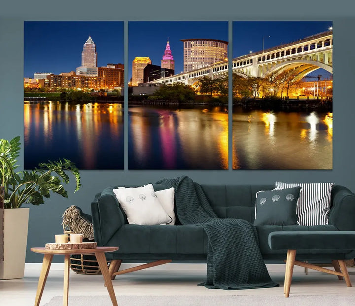 Cleveland Downtown Night Skyline Wall Art Canvas Print Framed Wall Decor