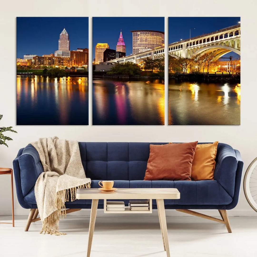 Cleveland Downtown Night Skyline Wall Art Canvas Print Framed Wall Decor