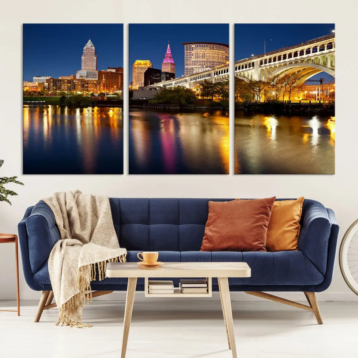 Cleveland Downtown Night Skyline Wall Art Canvas Print Framed Wall Decor