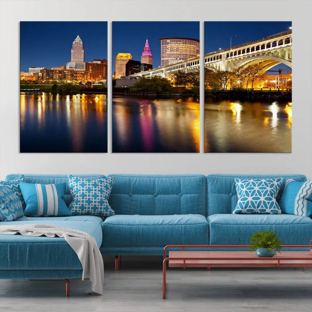 Cleveland Downtown Night Skyline Wall Art Canvas Print Framed Wall Decor