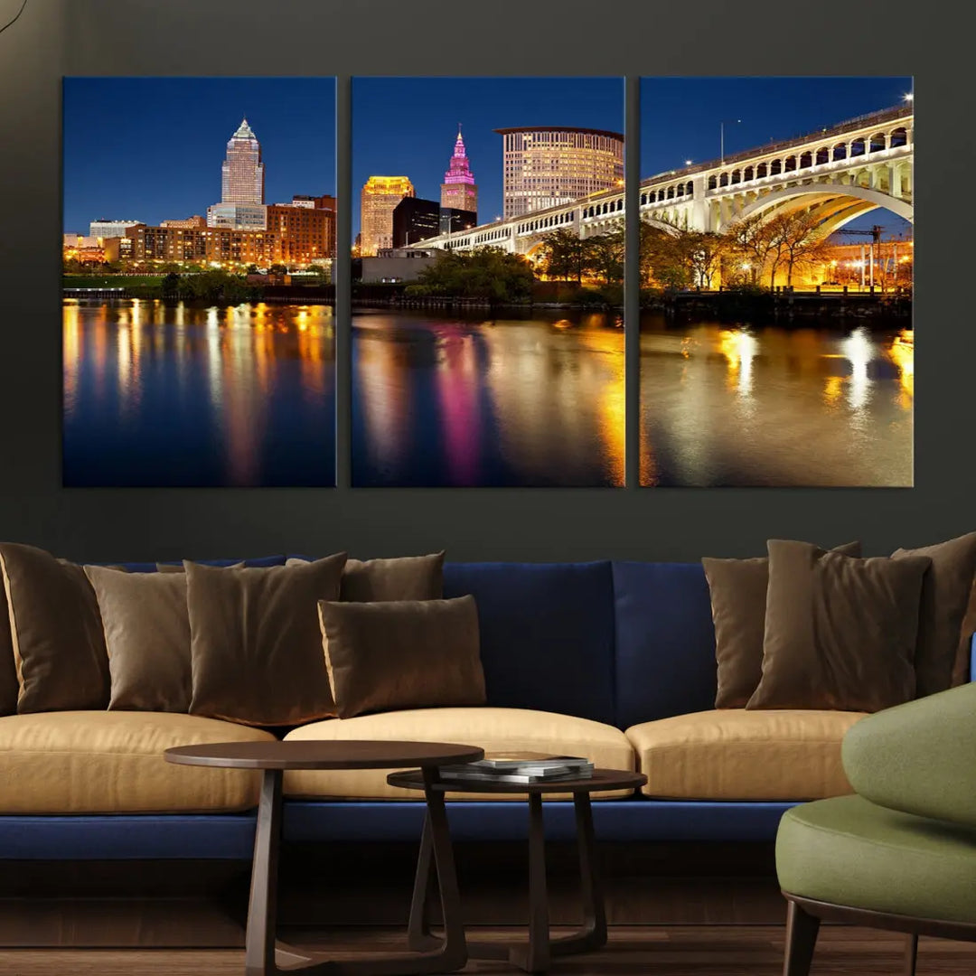 Cleveland Downtown Night Skyline Wall Art Canvas Print Framed Wall Decor