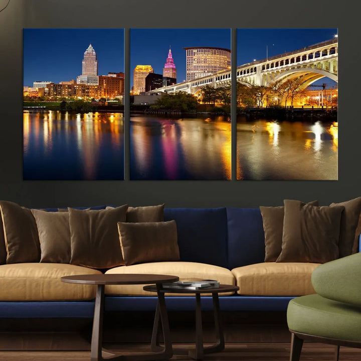 Cleveland Downtown Night Skyline Wall Art Canvas Print Framed Wall Decor