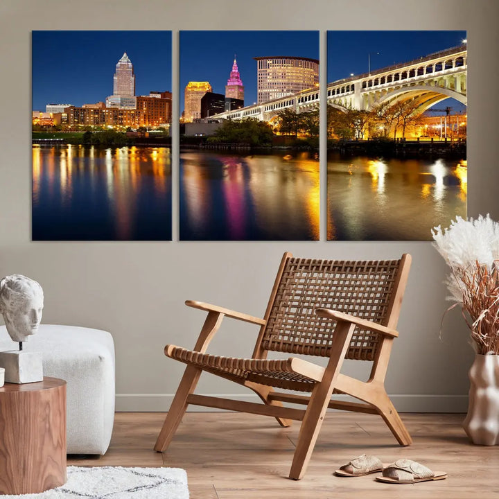 Cleveland Downtown Night Skyline Wall Art Canvas Print Framed Wall Decor