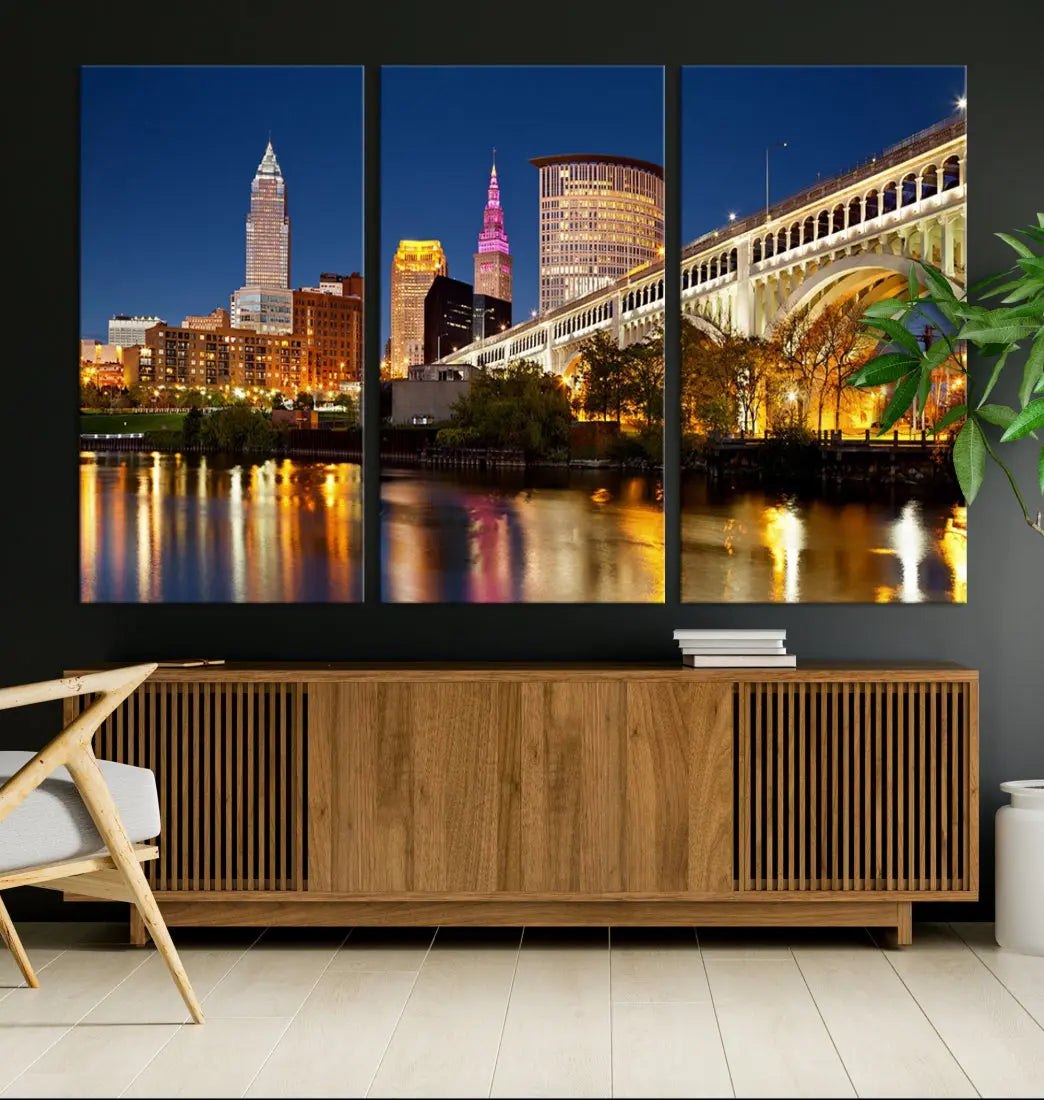 Cleveland Night Skyline Cityscape Large Wall Art Canvas Print