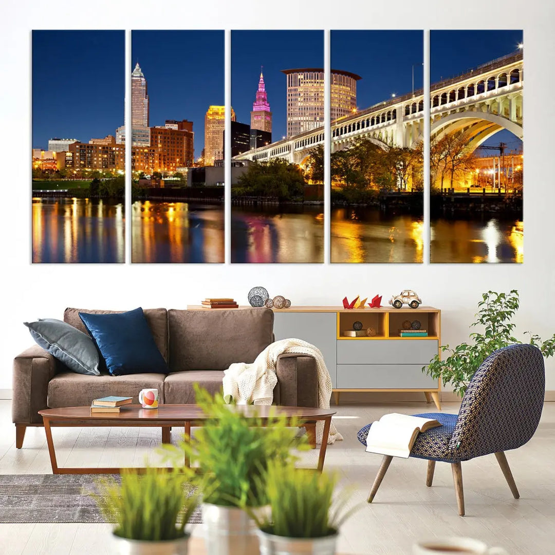 Cleveland Night Skyline Cityscape Large Wall Art Canvas Print