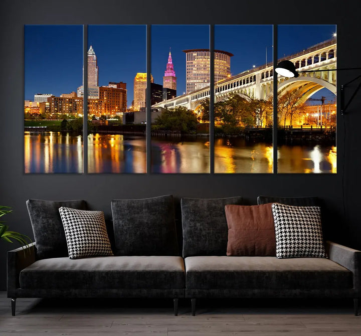 Cleveland Night Skyline Cityscape Large Wall Art Canvas Print