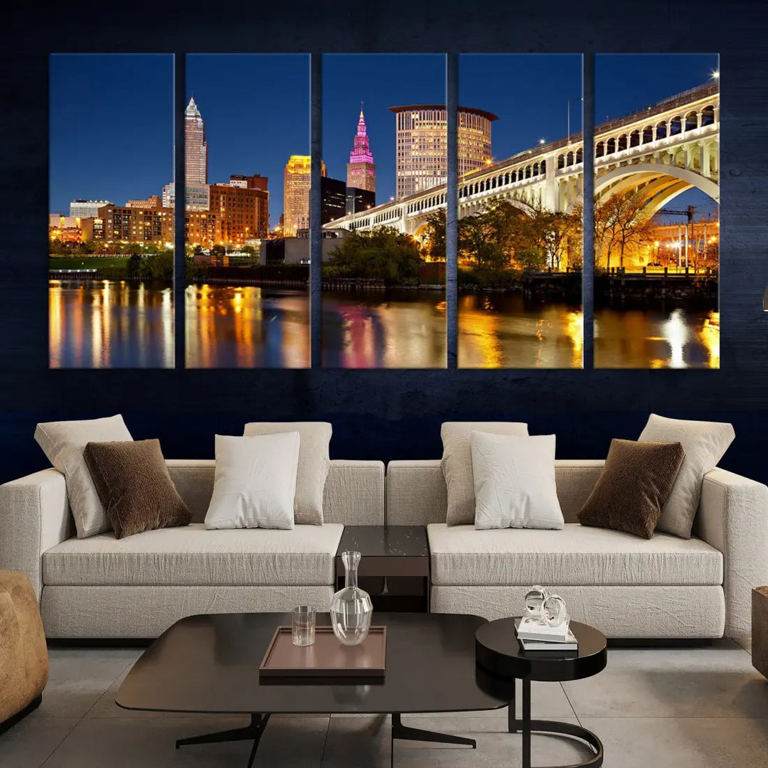 Cleveland Night Skyline Cityscape Large Wall Art Canvas Print