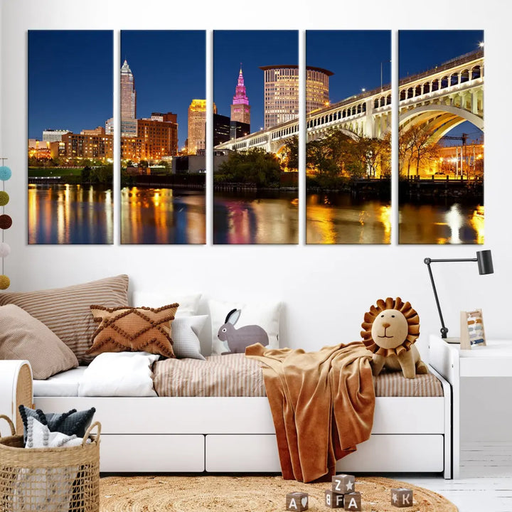 Cleveland Night Skyline Cityscape Large Wall Art Canvas Print