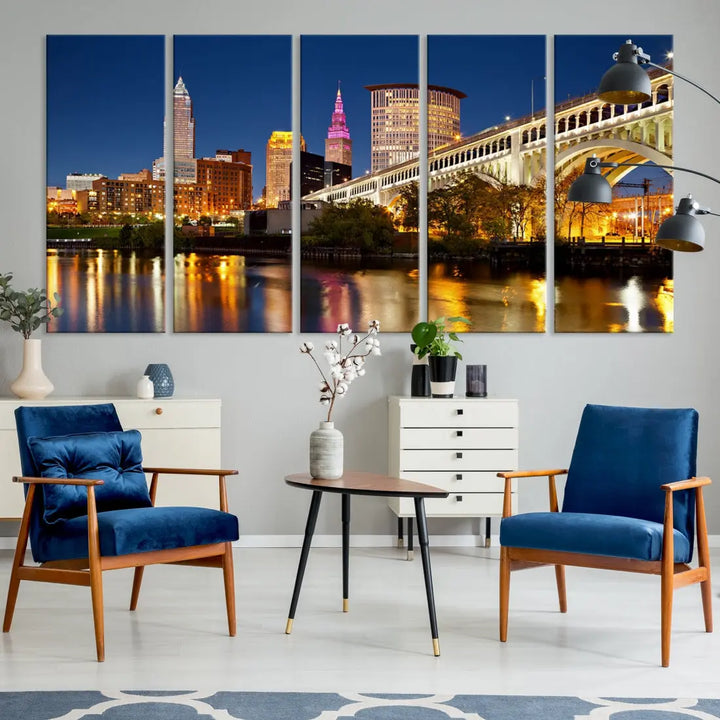 Cleveland Night Skyline Cityscape Large Wall Art Canvas Print