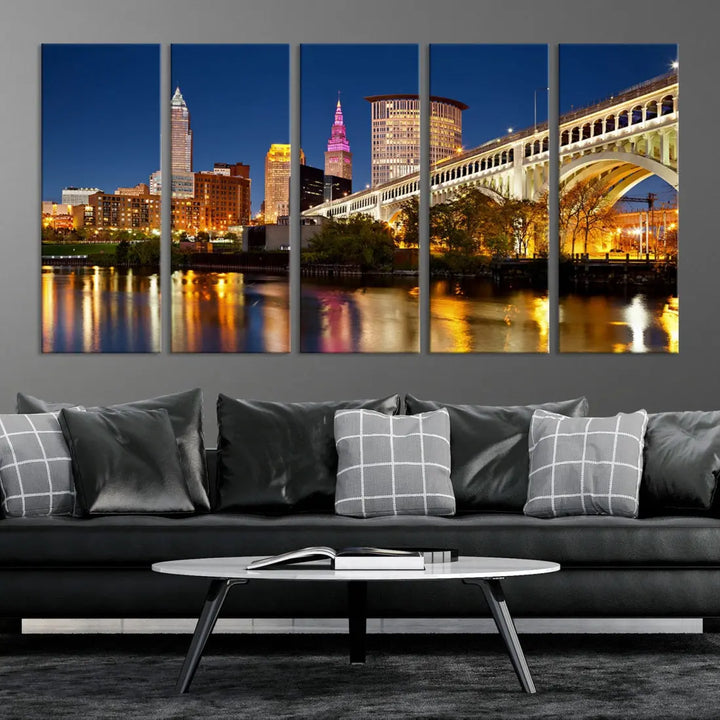 Cleveland Night Skyline Cityscape Large Wall Art Canvas Print