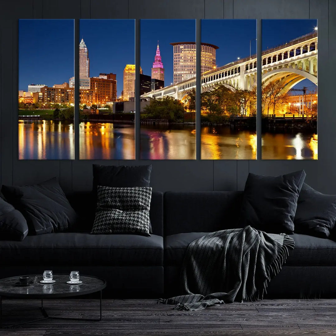 Cleveland Night Skyline Cityscape Large Wall Art Canvas Print