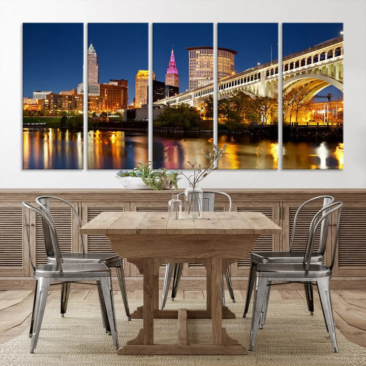 Cleveland Night Skyline Cityscape Large Wall Art Canvas Print