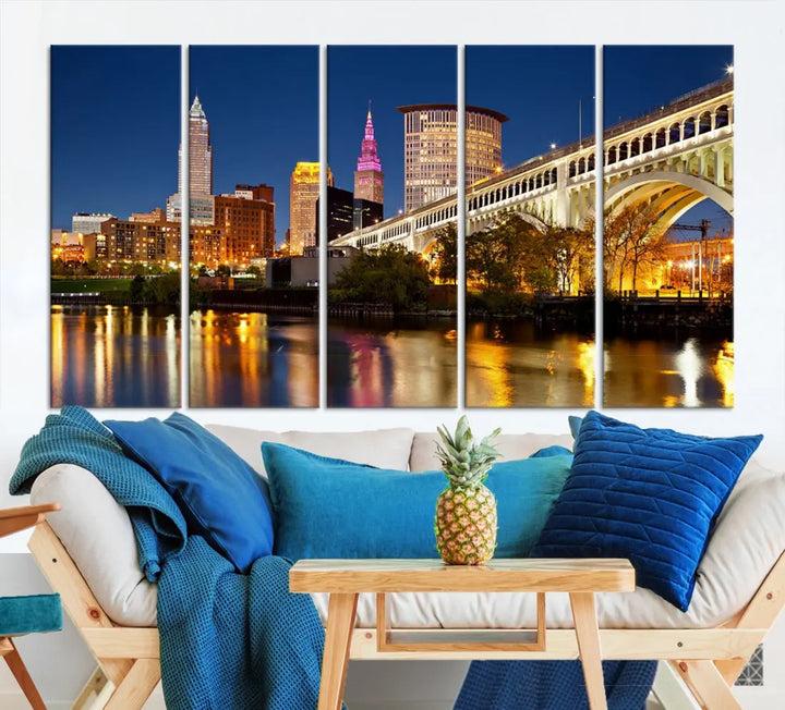 Cleveland Night Skyline Cityscape Large Wall Art Canvas Print