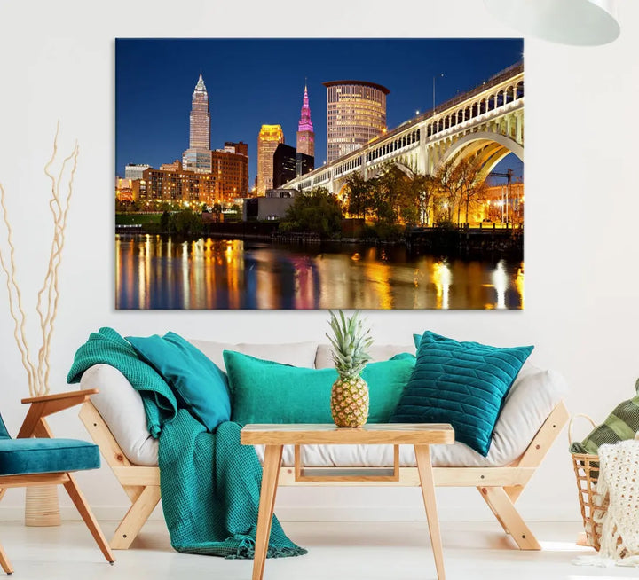 Cleveland Night Skyline Cityscape Large Wall Art Canvas Print