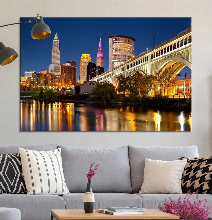 Cleveland Night Skyline Cityscape Large Wall Art Canvas Print